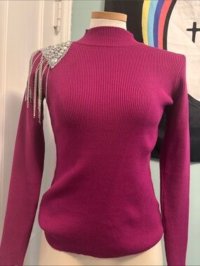 Ribbed Long-Sleeve Top with Crystal Shoulder Accent - Magenta